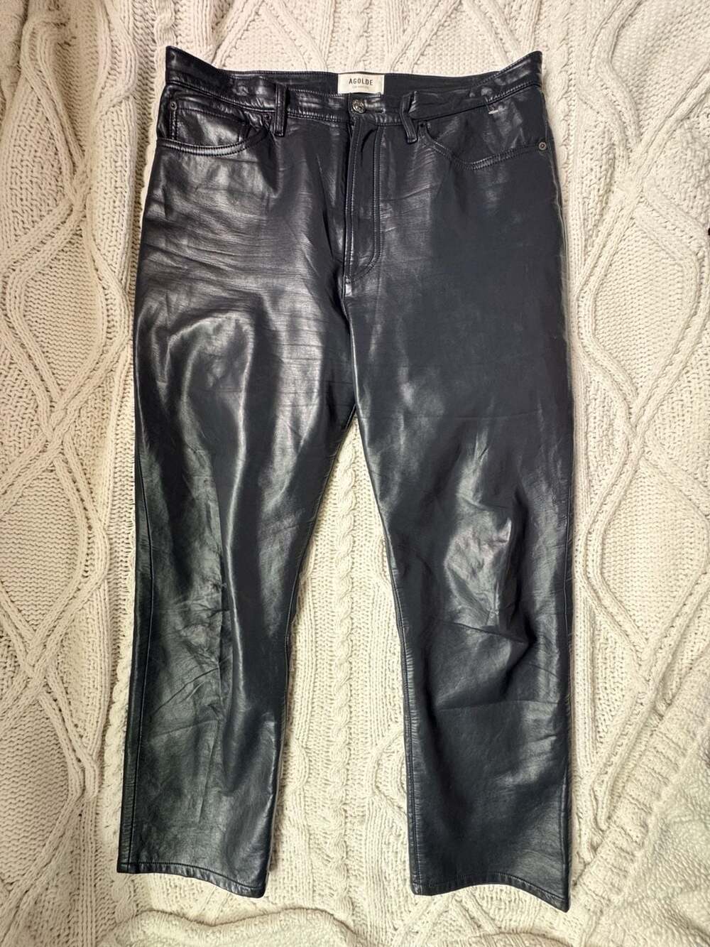 AGOLDE 90s Pinch Waist Leather Pants Black High Waisted Straight Leg Vintage Sty - Picture 4 of 11